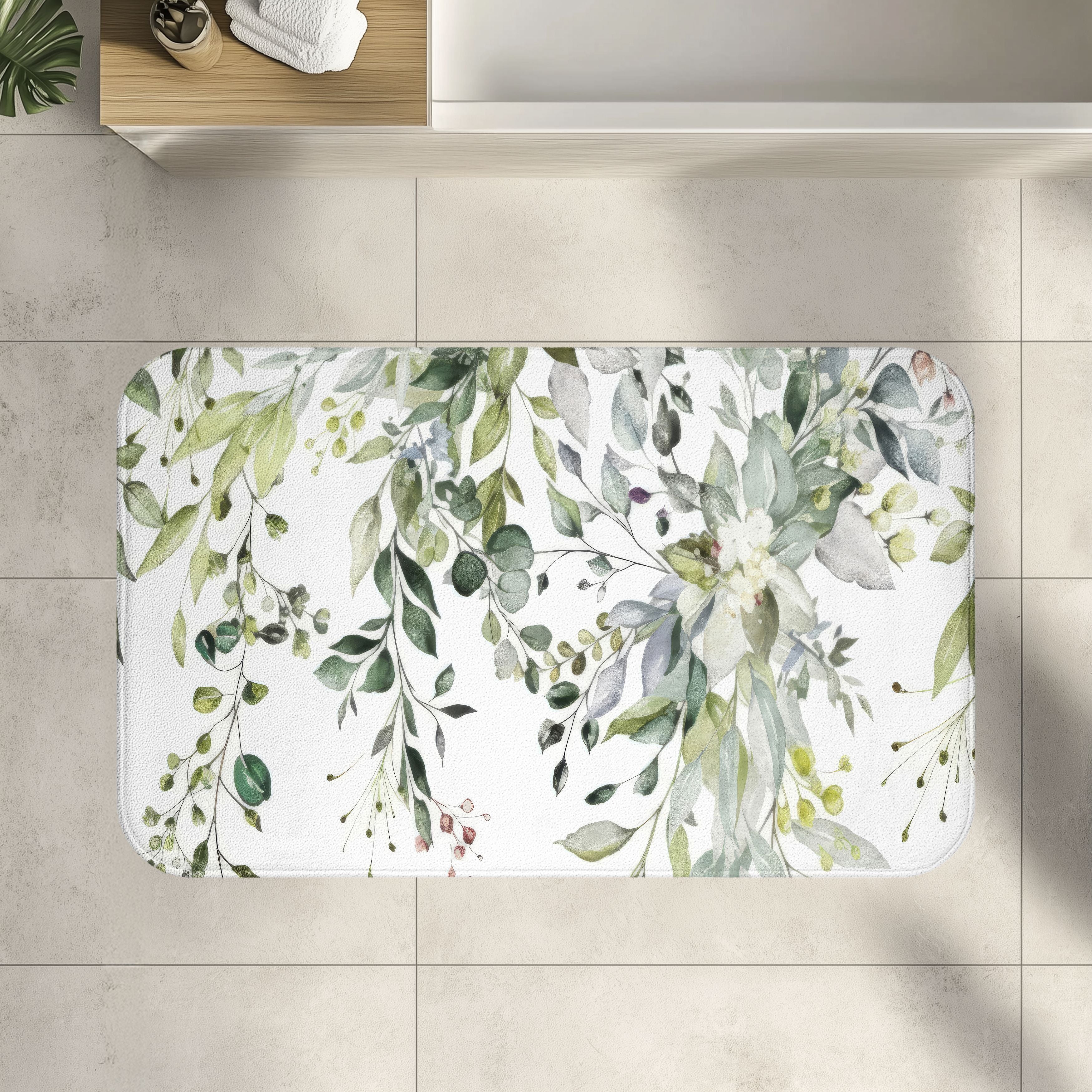 Sage Eucalyptus Bath Mat, Watercolor Greenery Bathroom Decor
