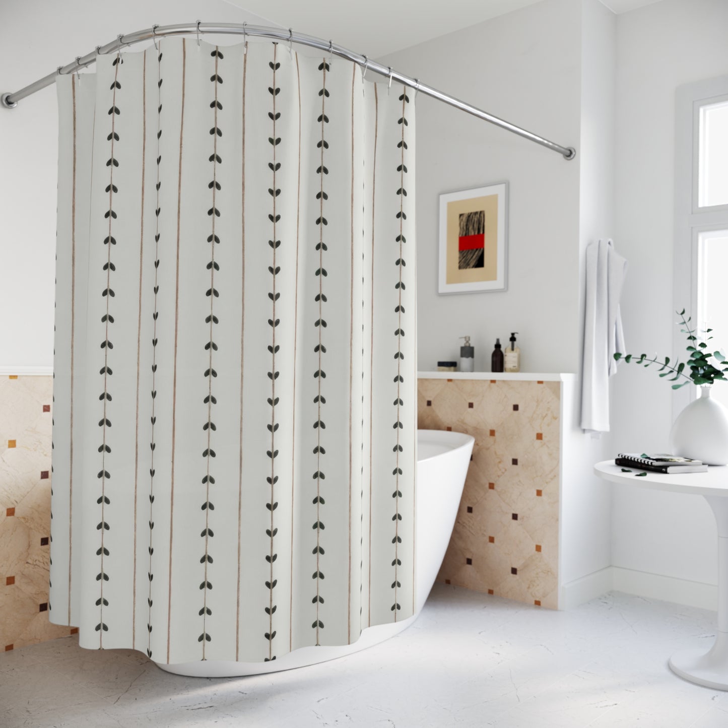 Minimalist Boho Shower Curtains, Modern Scandi Vine Stripe Bathroom Decor