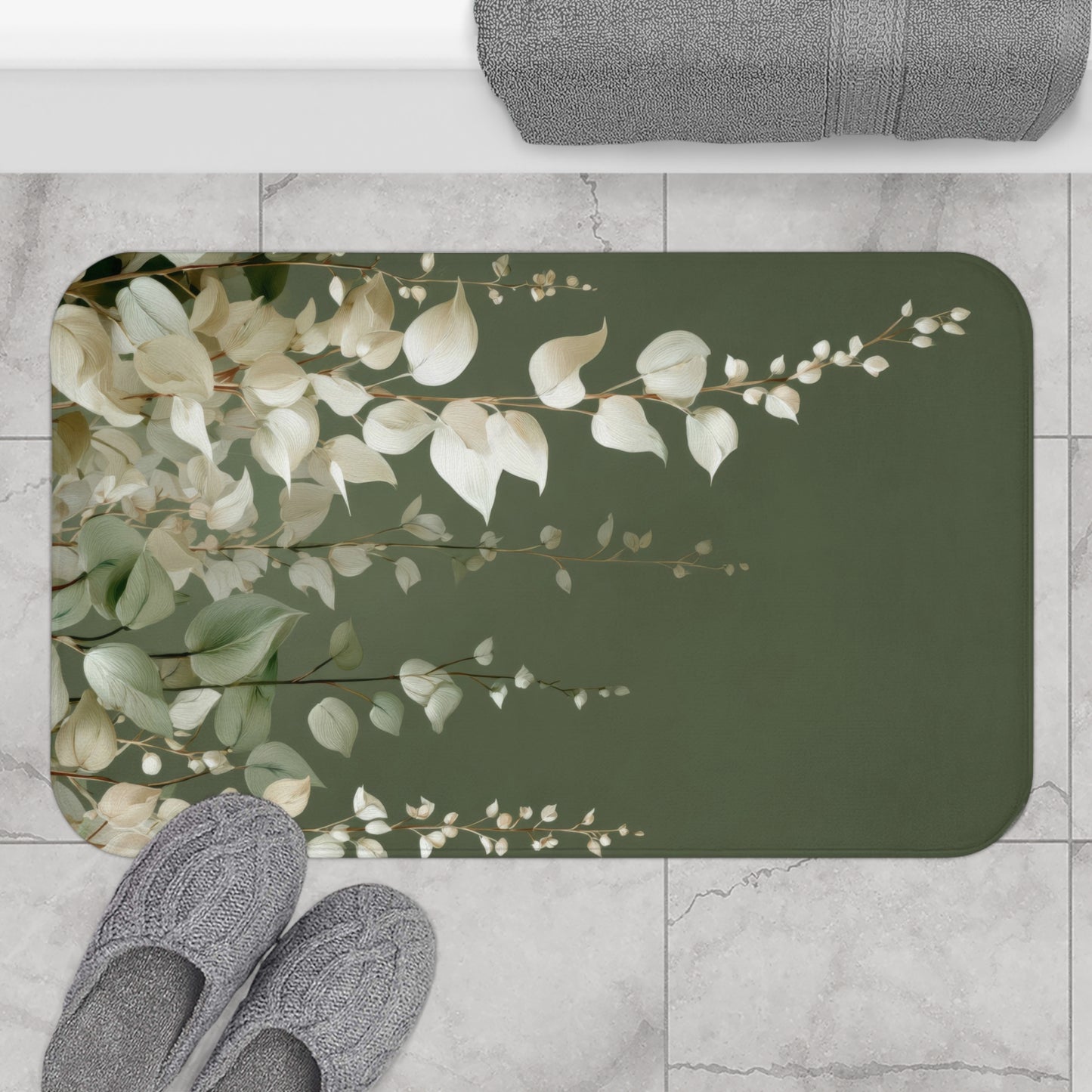 Moss Green Eucalyptus Bath Mat, Elegant Neutral Organic Spa Style