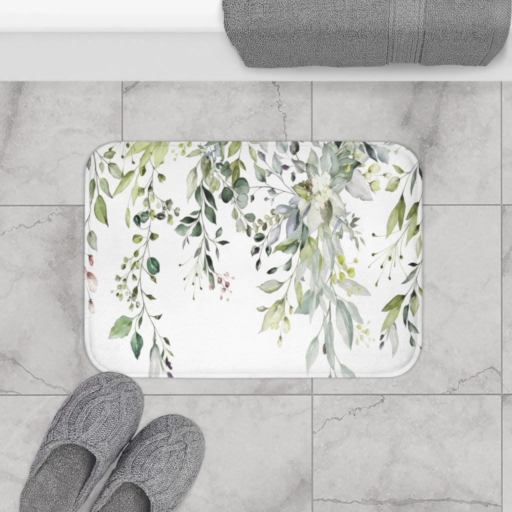 Sage Eucalyptus Bath Mat, Watercolor Greenery Bathroom Decor