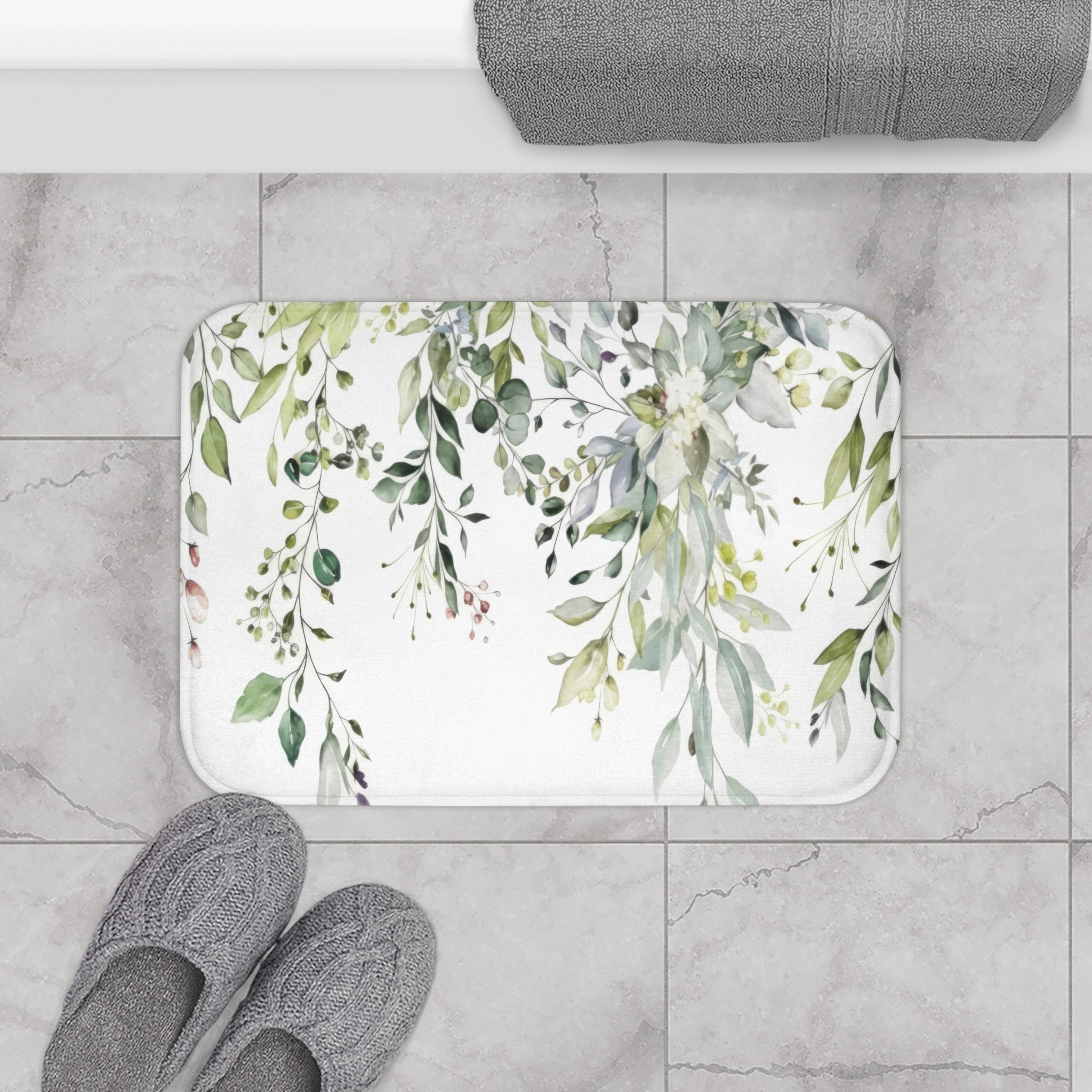 Sage Eucalyptus Bath Mat, Watercolor Greenery Bathroom Decor