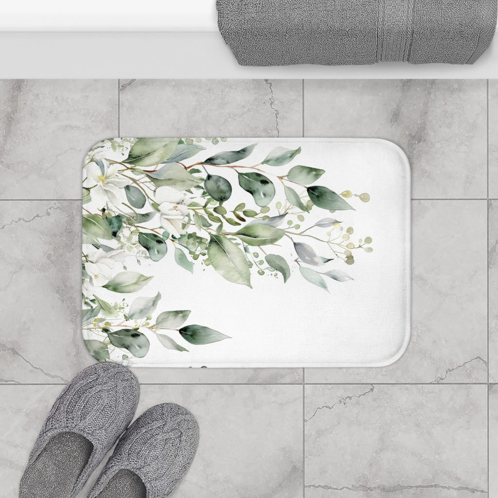 Watercolor Eucalyptus Bath Mat, Botanical Green Bathroom Decor