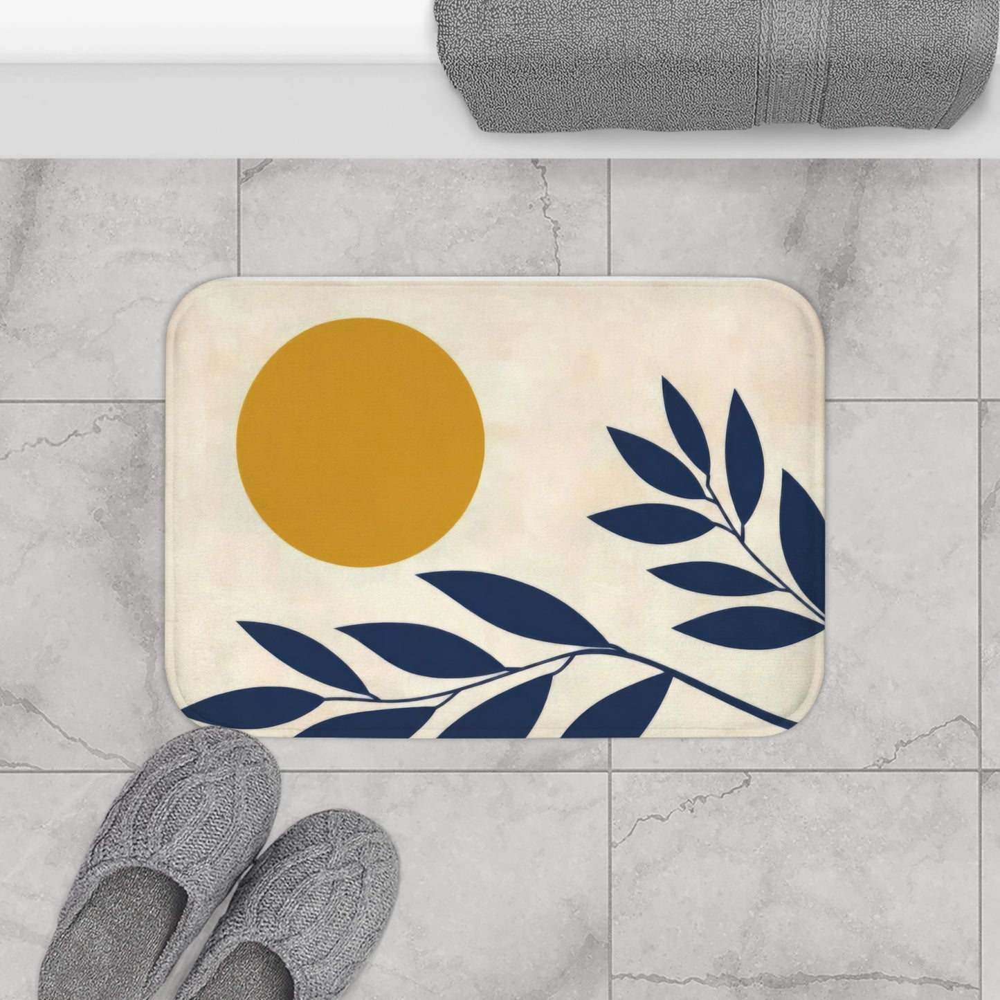 Modern Abstract Navy and Mustard Bath Mat, Aesthetic Mid Century Scandi Bathroom