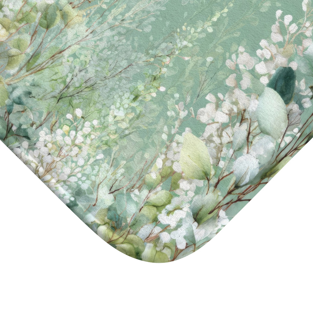 Cascading White Wisteria & Sage Eucalyptus Bath Mat, Serene Luxury Bathroom Decor