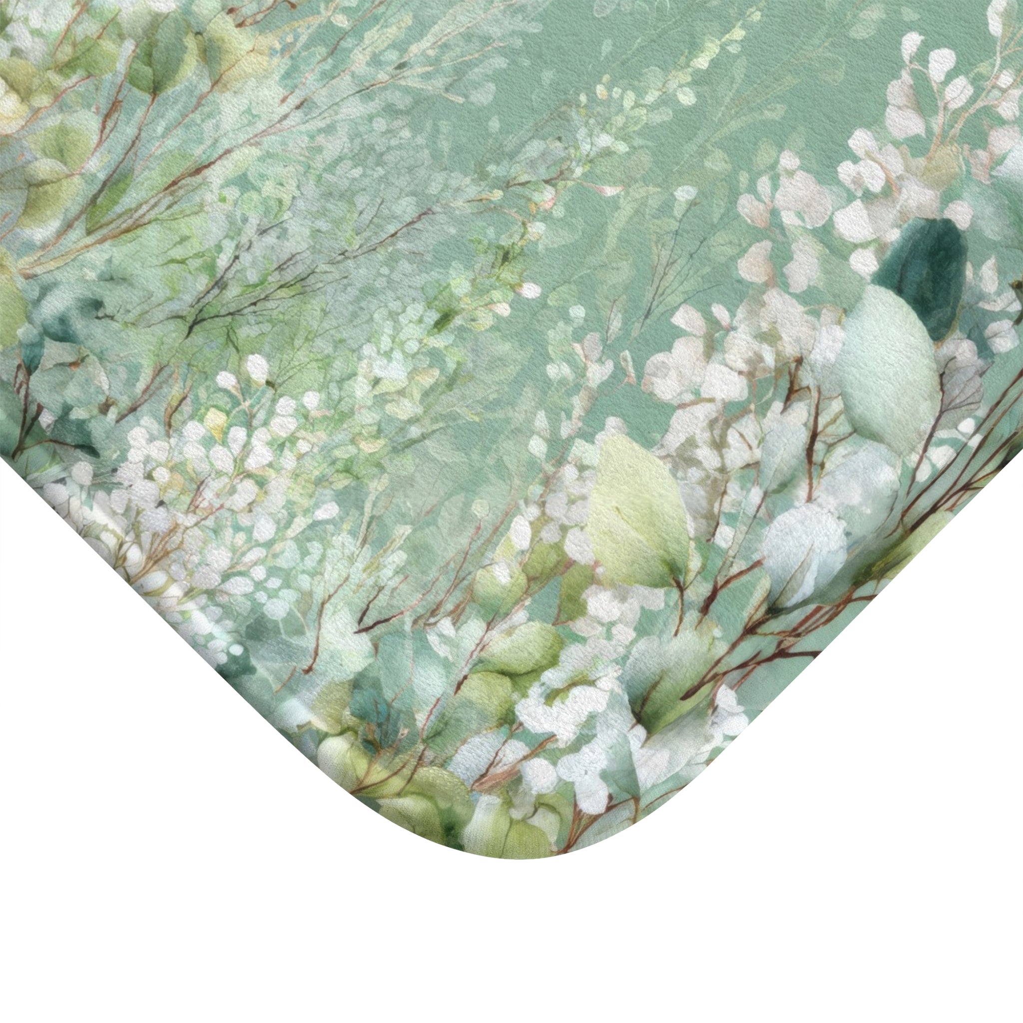 Cascading White Wisteria & Sage Eucalyptus Bath Mat, Serene Luxury Bathroom Decor