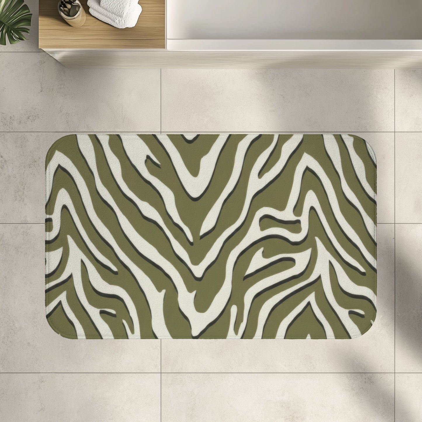 Sage Green Zebra Print Bath Mat, Modern Chevron Animal Print Bathroom Decor