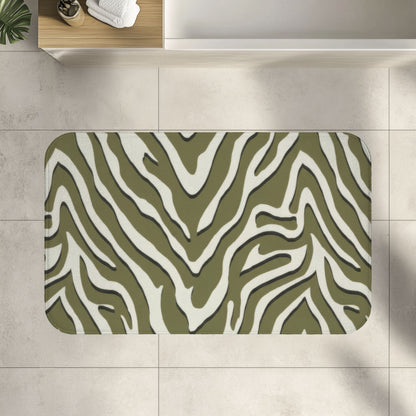 Sage Green Zebra Print Bath Mat, Modern Chevron Animal Print Bathroom Decor
