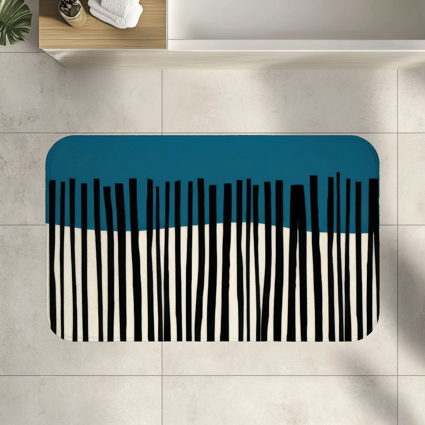 Abstract Teal Birch Bath Mat, Modern Scandinavian Home Decor