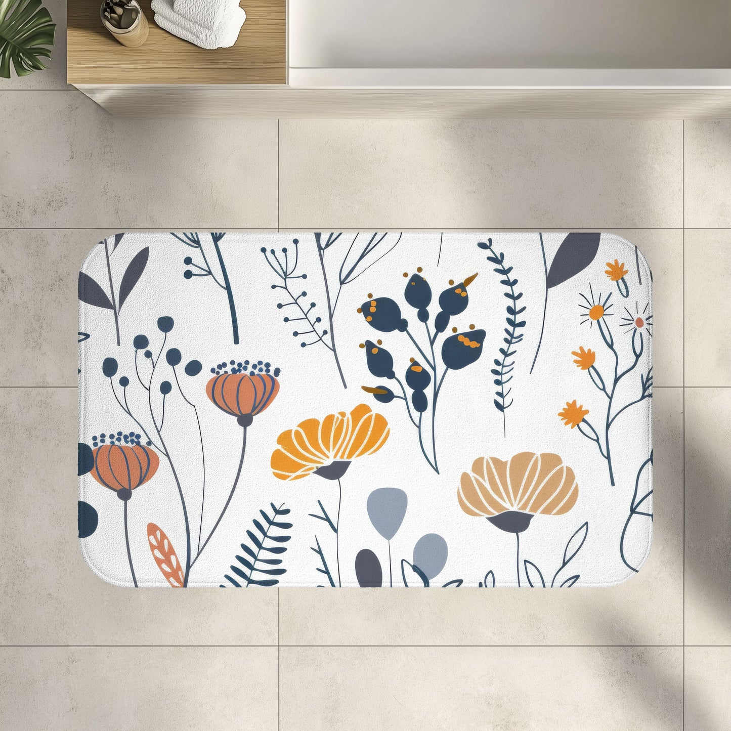 Minimalist Wildflower Bath Mat, Retro Boho Bathroom Decor