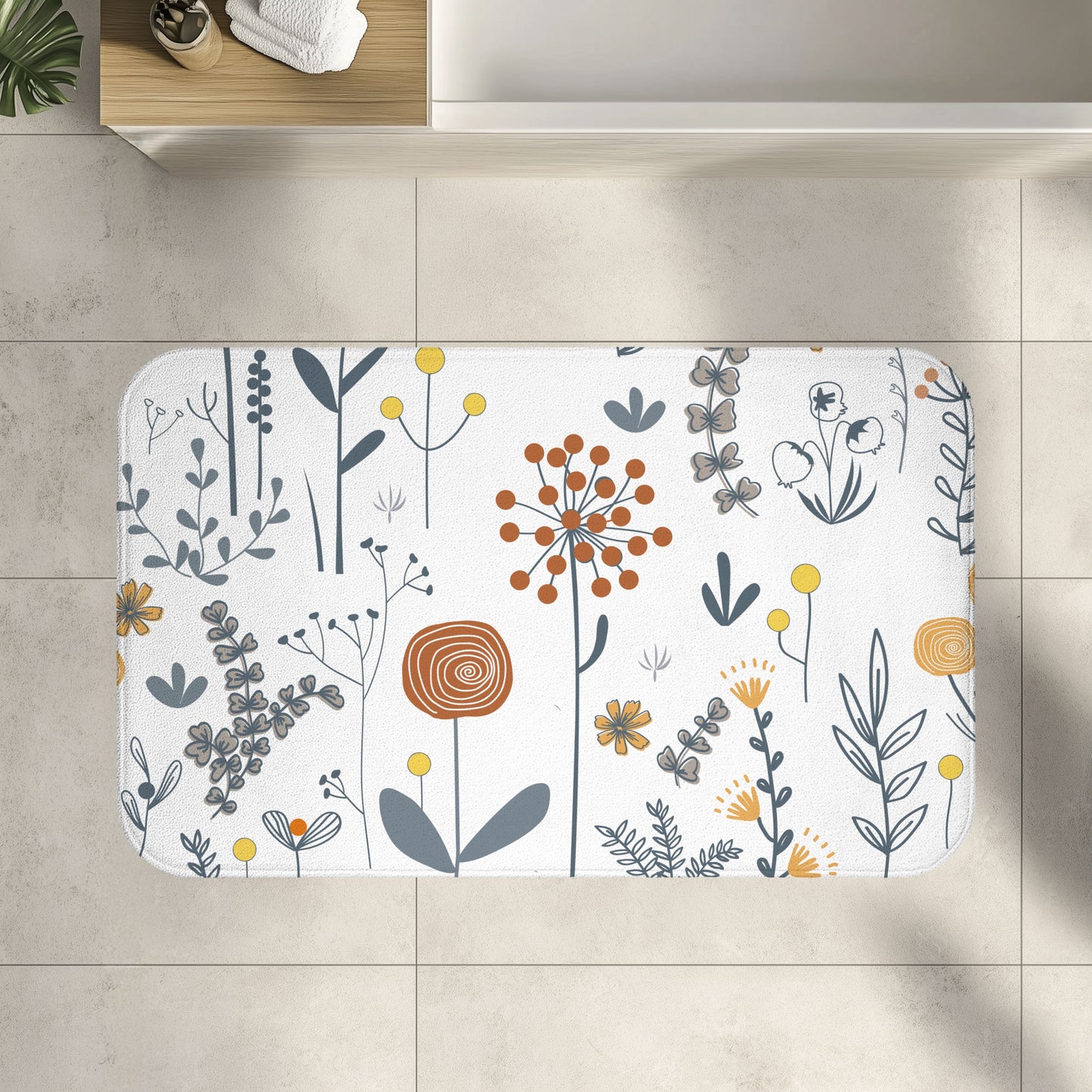 Scandinavian Wildflower Bath Mat, Modern Minimalist Bath Aesthetic