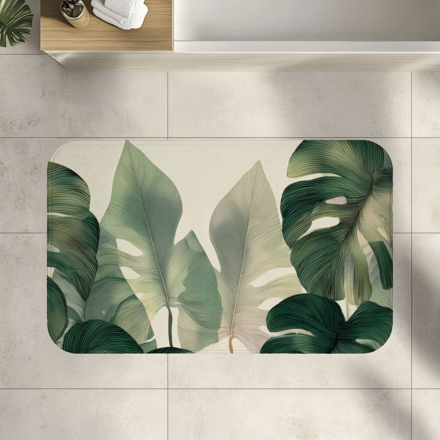 Monstera Bath Mat, Tropical Botanical Bathroom Decor