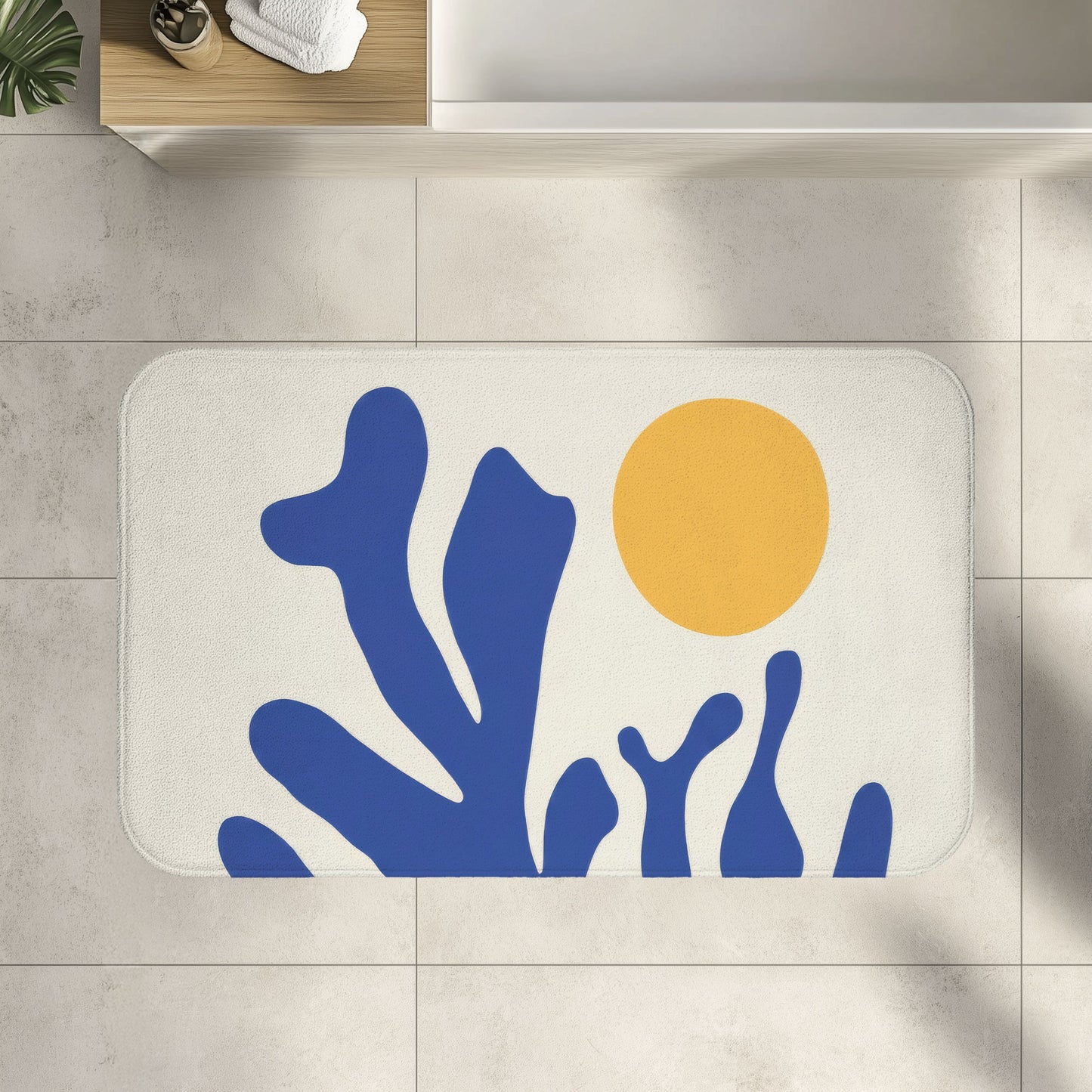 Matisse Coral Bath Mat, Blue Abstract Coastal Bathroom Decor