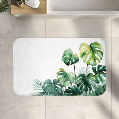 Watercolor Monstera Bath Mat, Bright Tropical Botanical Bathroom Decor