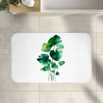 Watercolor Monstera Bath Mat, Bright Tropical Botanical Bathroom Decor