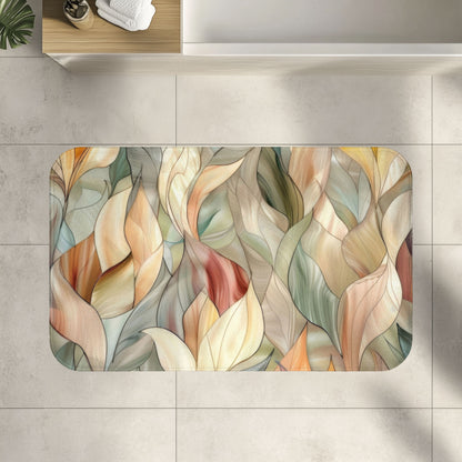 Stained Glass Leaves Design Bath Mat, Minimalist Calming Botanical Bathroom
