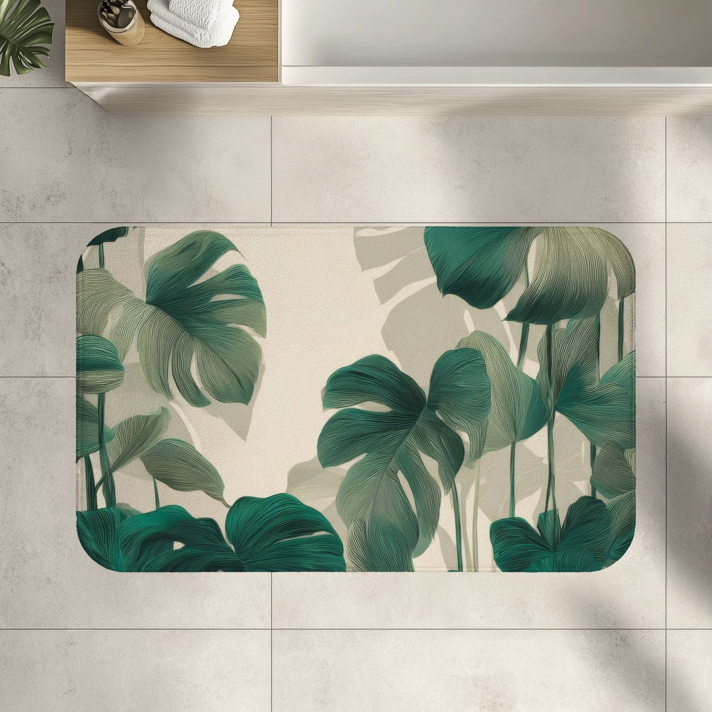 Artisan Etched Monstera Bath Mat, Sophisticated Urban Jungle Decor