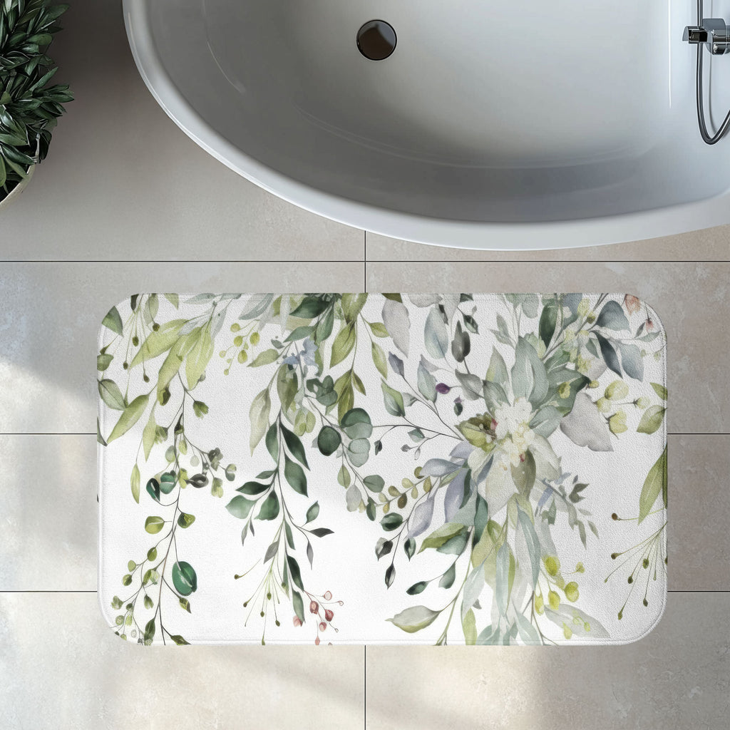 Sage Eucalyptus Bath Mat, Watercolor Greenery Bathroom Decor