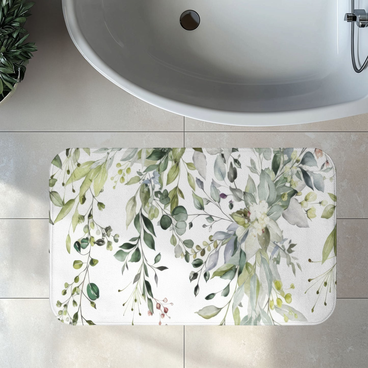 Sage Eucalyptus Bath Mat, Watercolor Greenery Bathroom Decor