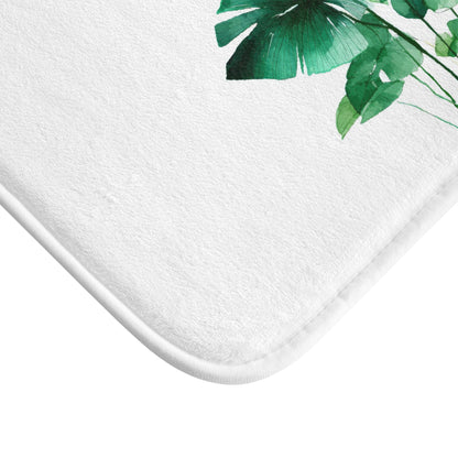 Watercolor Monstera Bath Mat, Bright Tropical Botanical Bathroom Decor