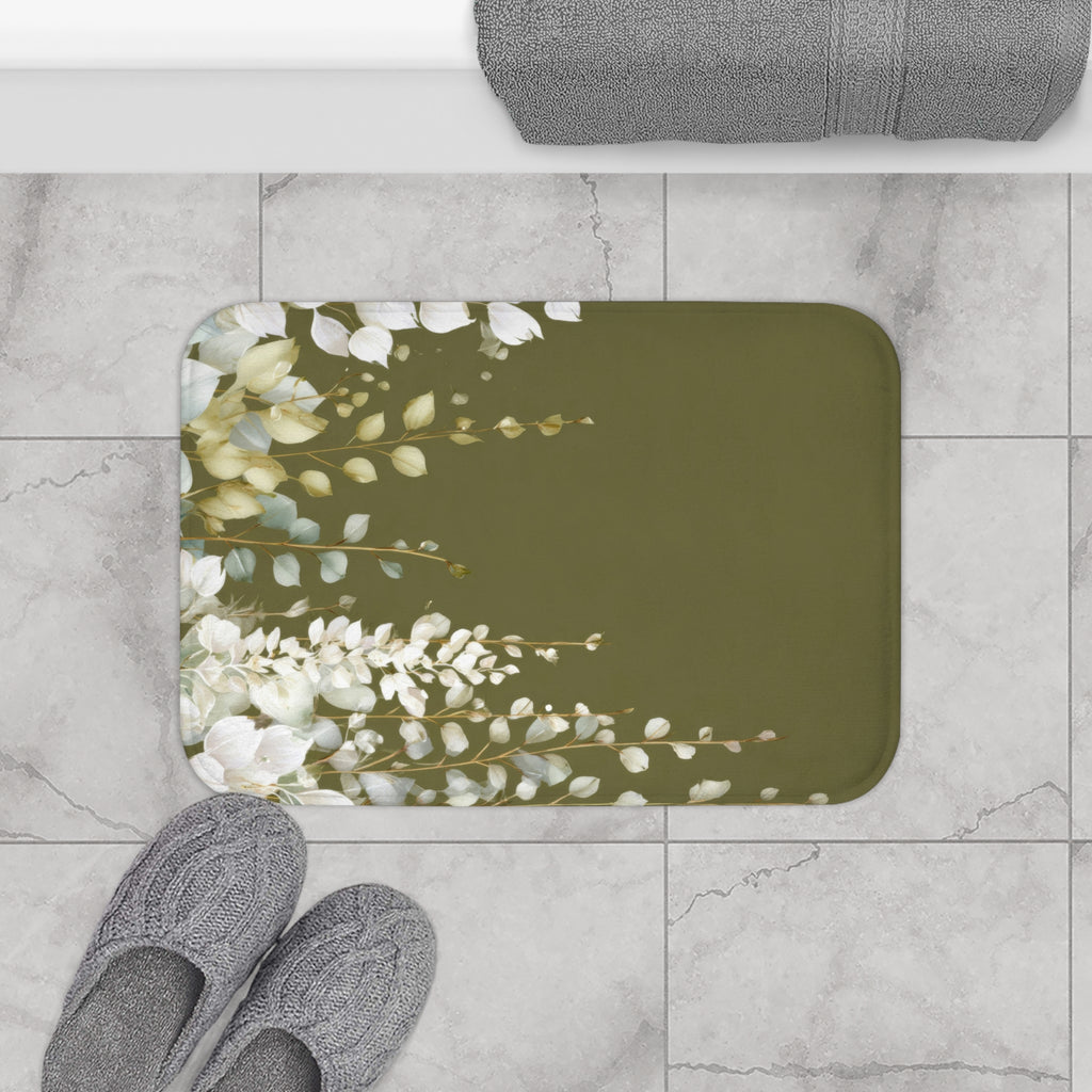 Olive Green Eucalyptus Bath Mat, Modern Earthy Minimalist Bathroom