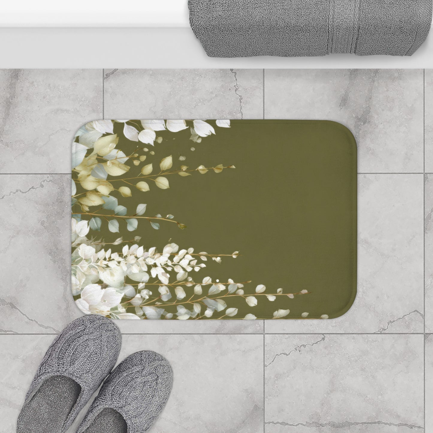 Olive Green Eucalyptus Bath Mat, Modern Earthy Minimalist Bathroom