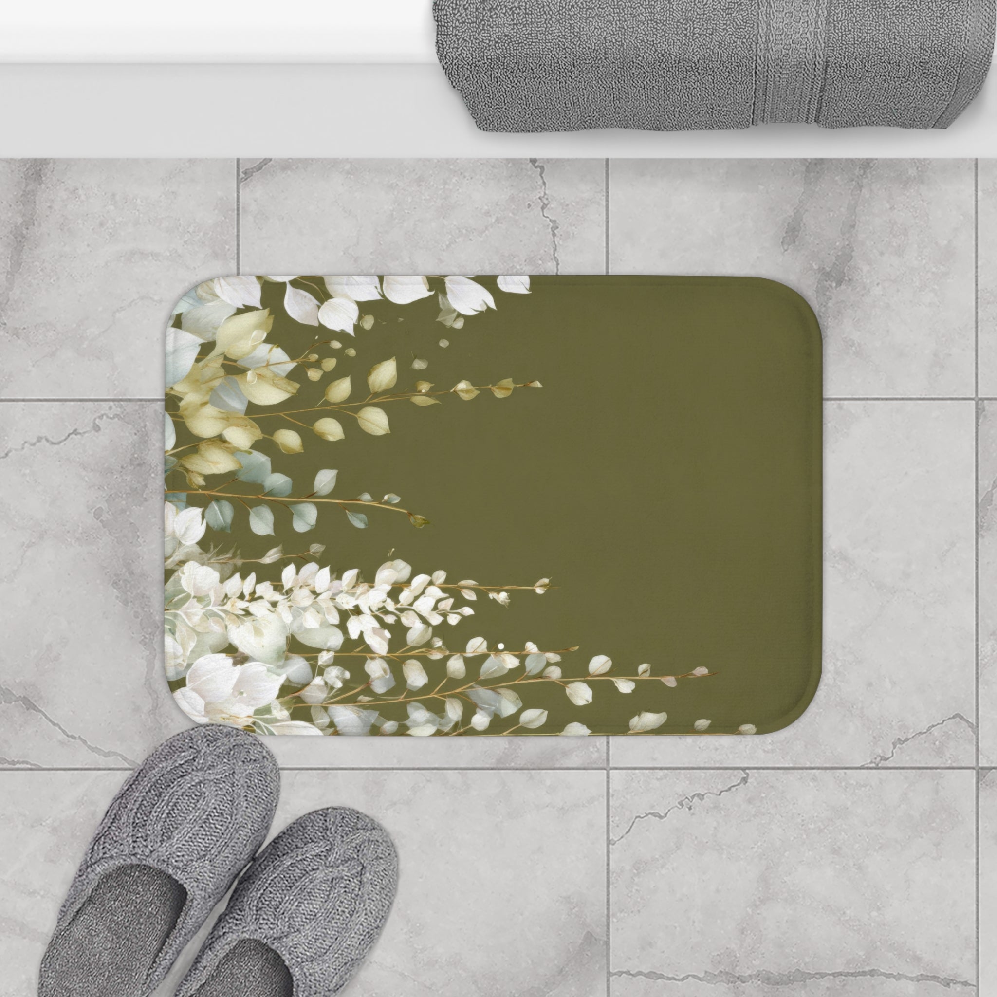 Olive Green Eucalyptus Bath Mat, Modern Earthy Minimalist Bathroom