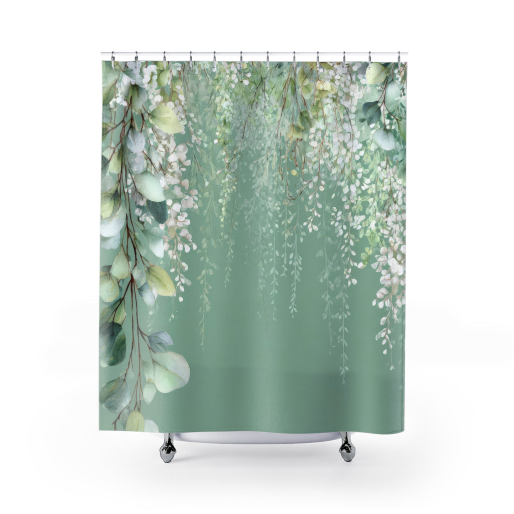 Cascading White Wisteria & Sage Eucalyptus Shower Curtains, Serene Luxury Bathroom Decor