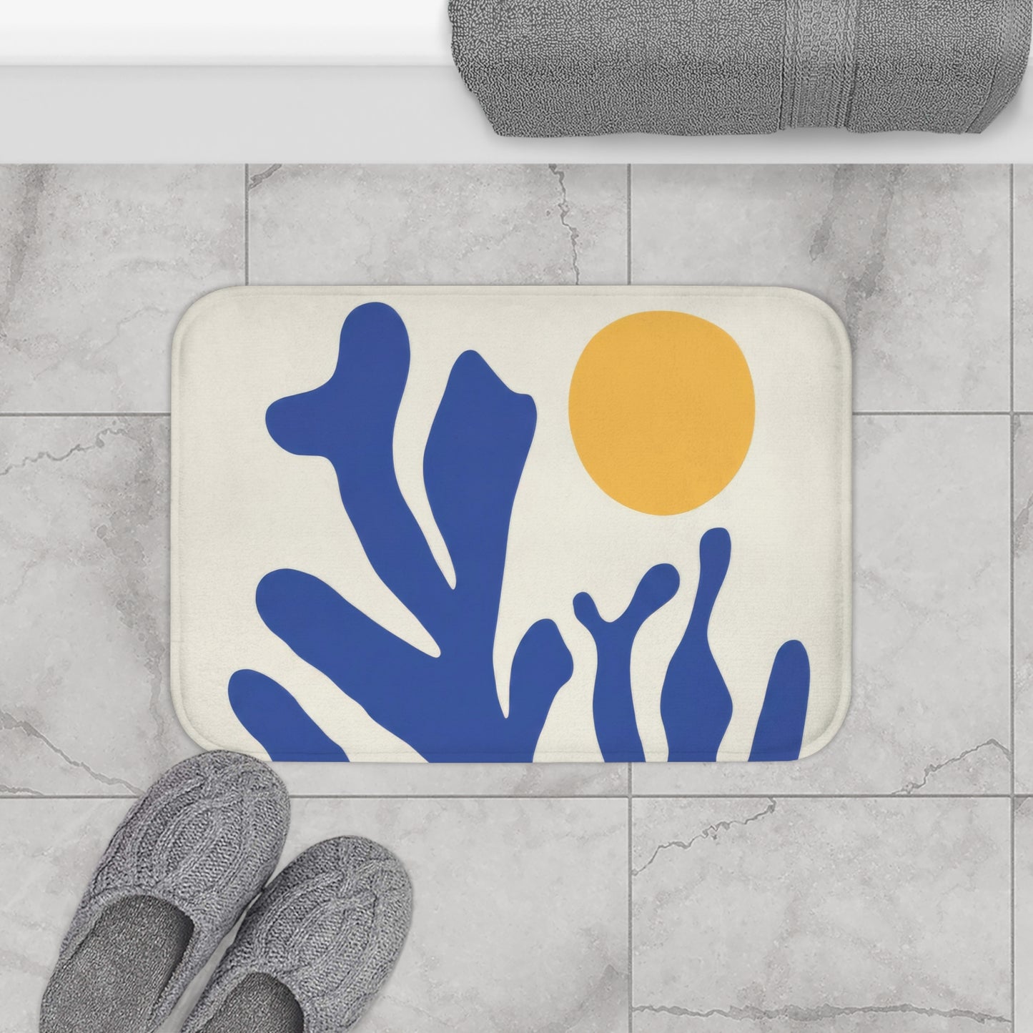 Matisse Coral Bath Mat, Blue Abstract Coastal Bathroom Decor