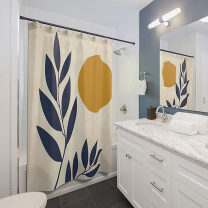 Modern Abstract Navy and Mustard Shower Curtains, Aesthetic Mid Century Scandi Bathroom
