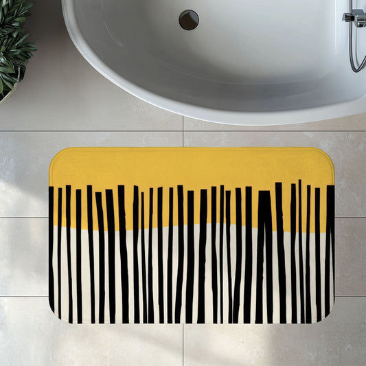 Abstract Birch Bath Mat, Mustard and Charcoal Japandi Minimalist Bath Art