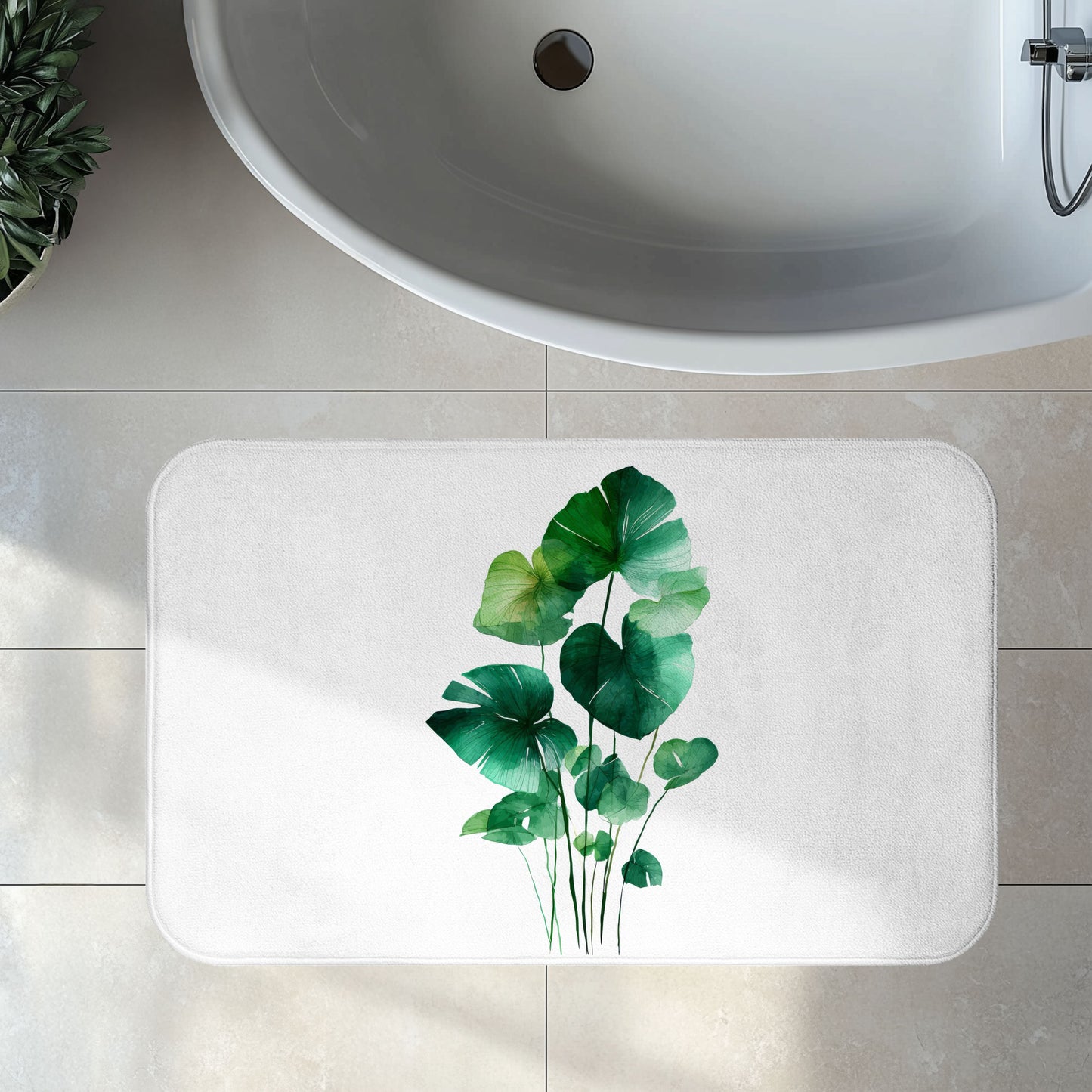 Watercolor Monstera Bath Mat, Bright Tropical Botanical Bathroom Decor
