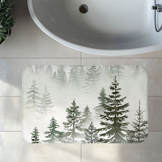 Watercolor Pine Forest Bath Mat, Serene Peacefu Bathroom Decor