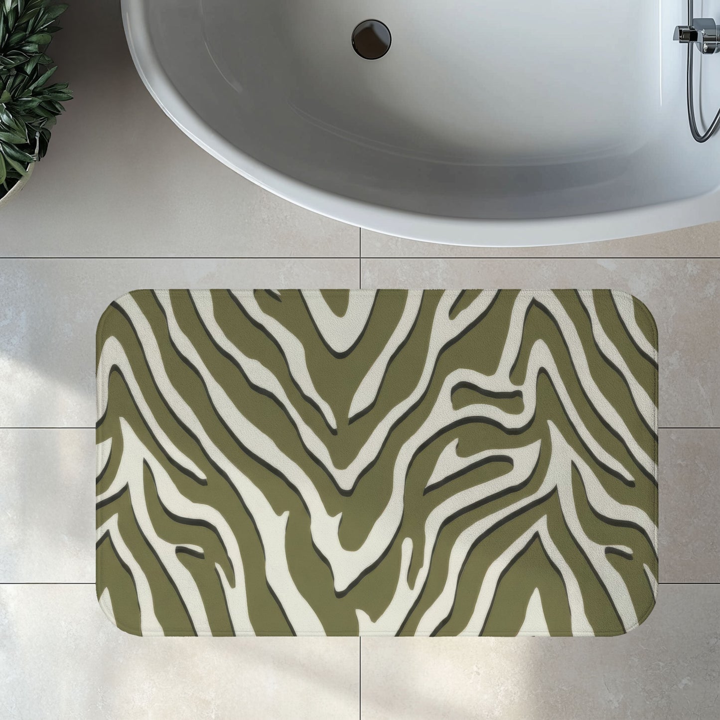 Sage Green Zebra Print Bath Mat, Modern Chevron Animal Print Bathroom Decor