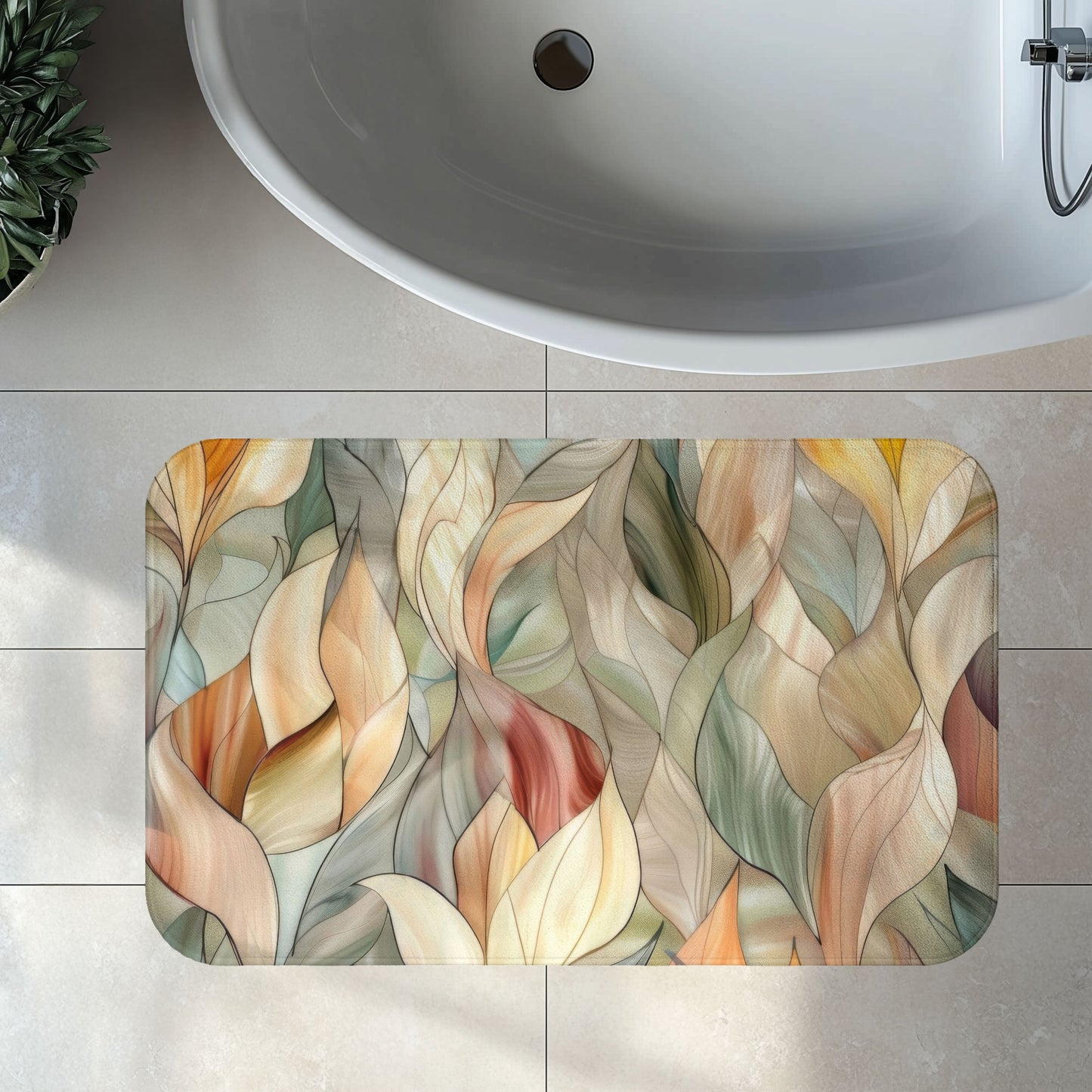 Stained Glass Leaves Design Bath Mat, Minimalist Calming Botanical Bathroom