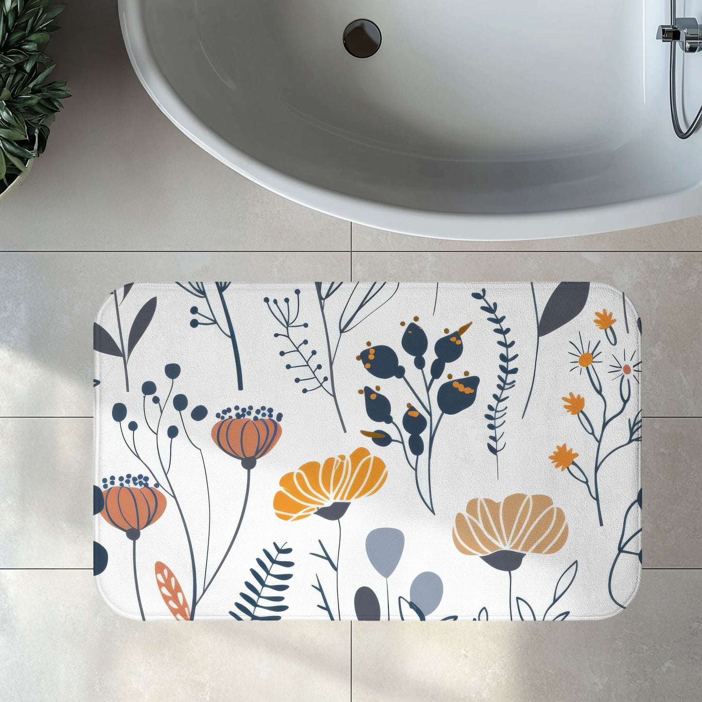 Minimalist Wildflower Bath Mat, Retro Boho Bathroom Decor