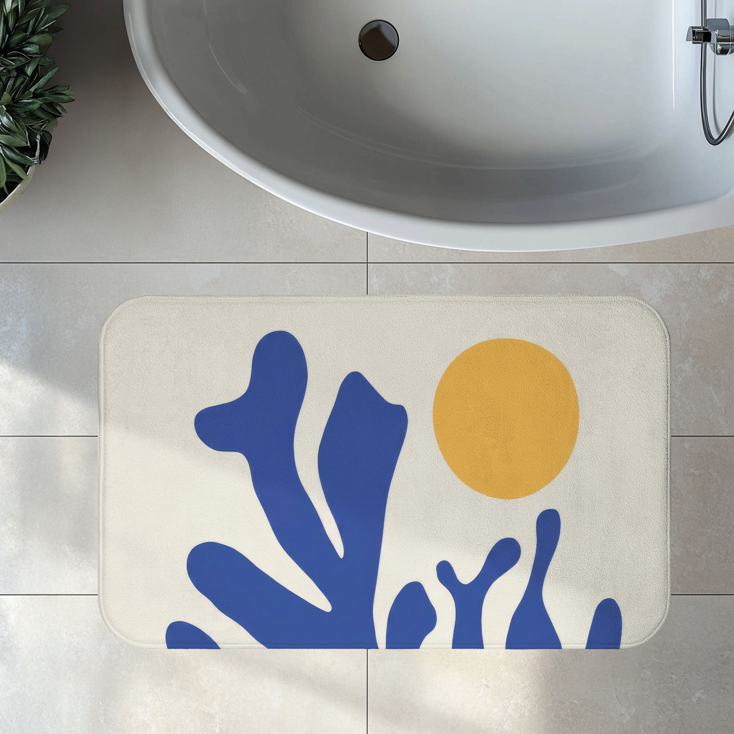 Matisse Coral Bath Mat, Blue Abstract Coastal Bathroom Decor