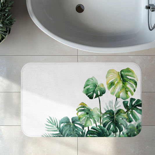 Watercolor Monstera Bath Mat, Bright Tropical Botanical Bathroom Decor