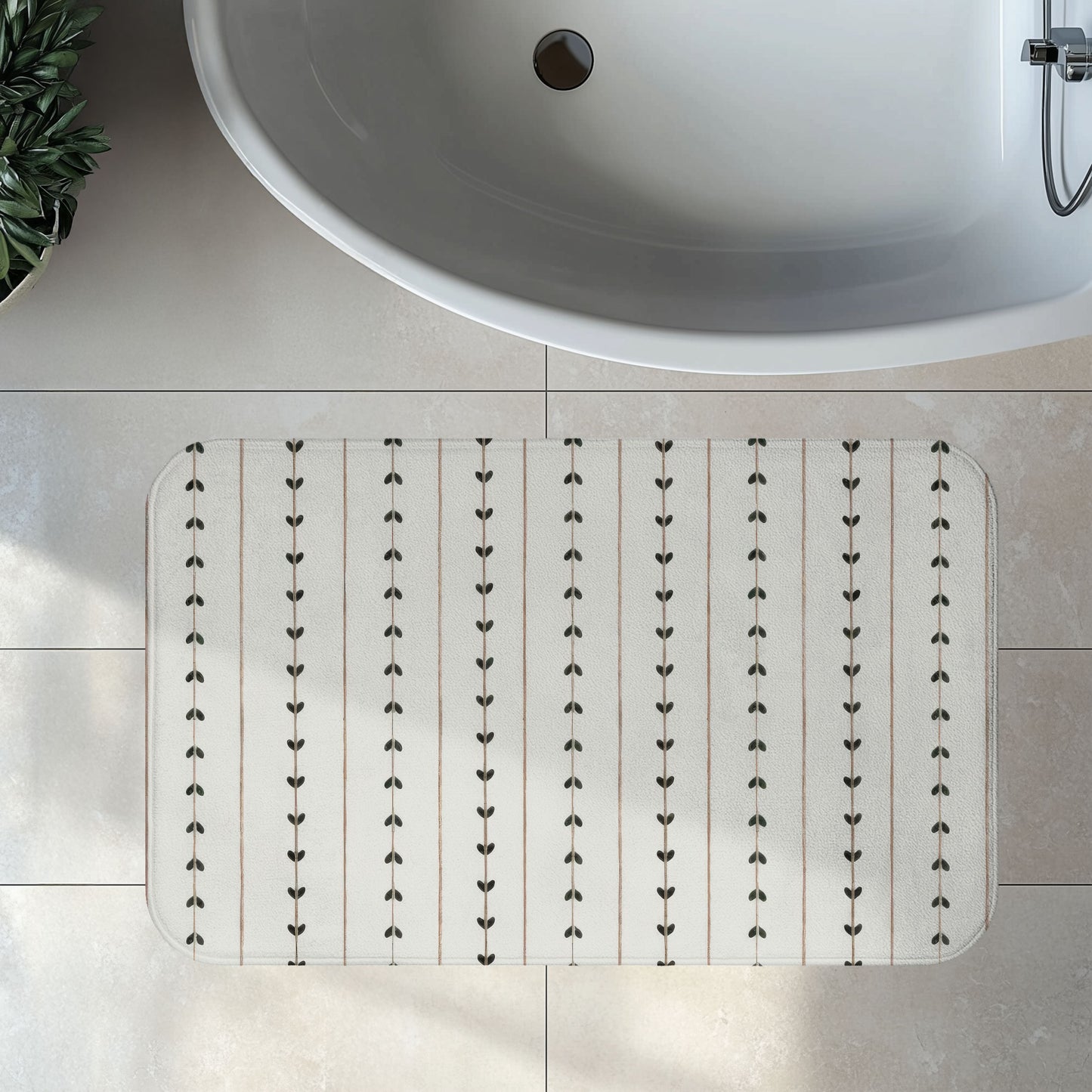 Minimalist Boho Bath Mat, Modern Scandi Vine Stripe Bathroom Decor