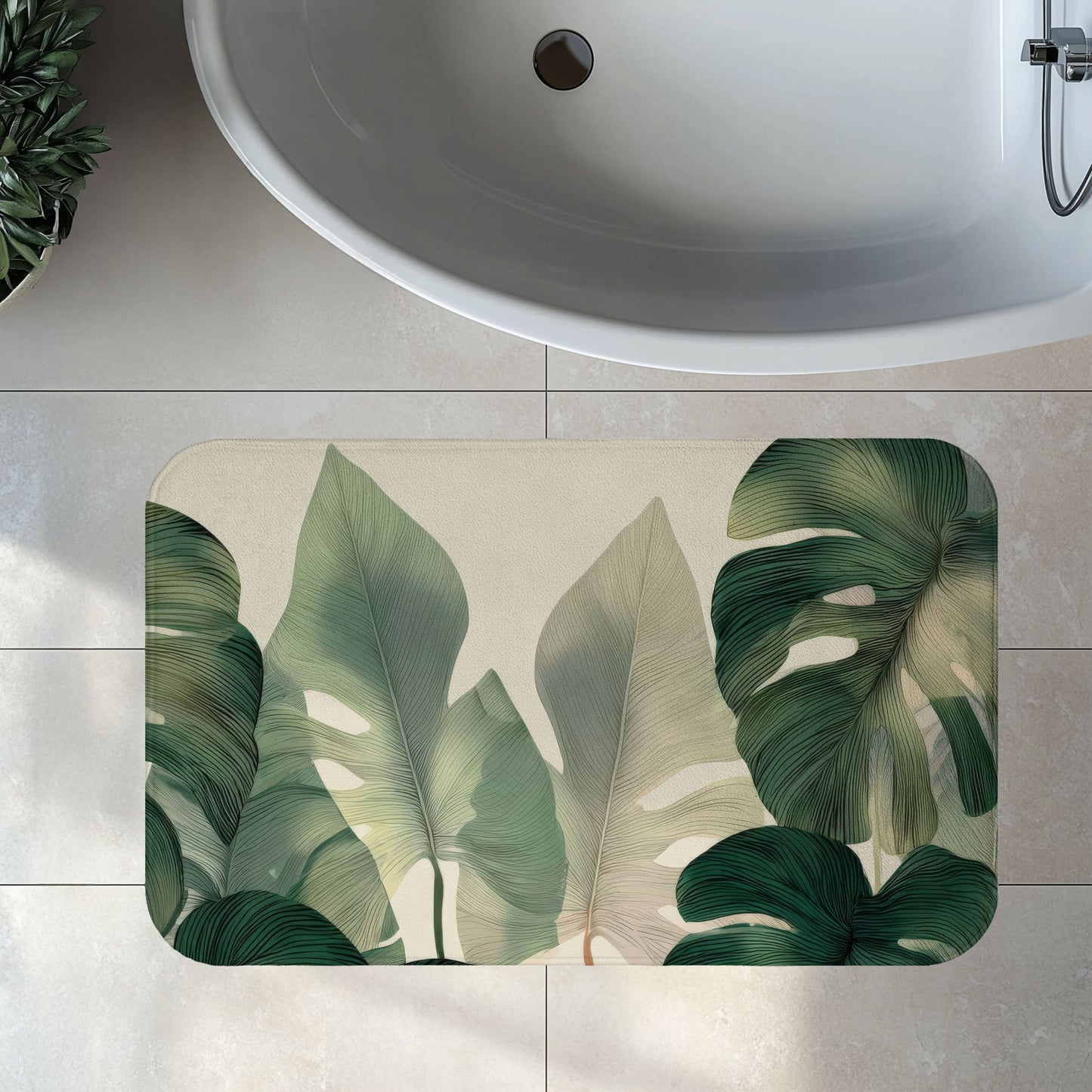 Monstera Bath Mat, Tropical Botanical Bathroom Decor