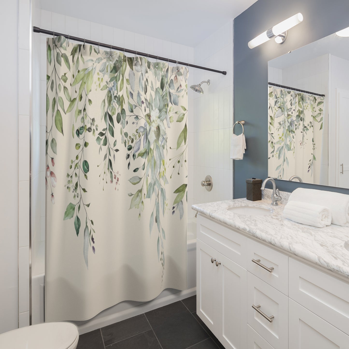 Watercolor Sage and Cream Eucalyptus Shower Curtains, Boho Bathroom Decor