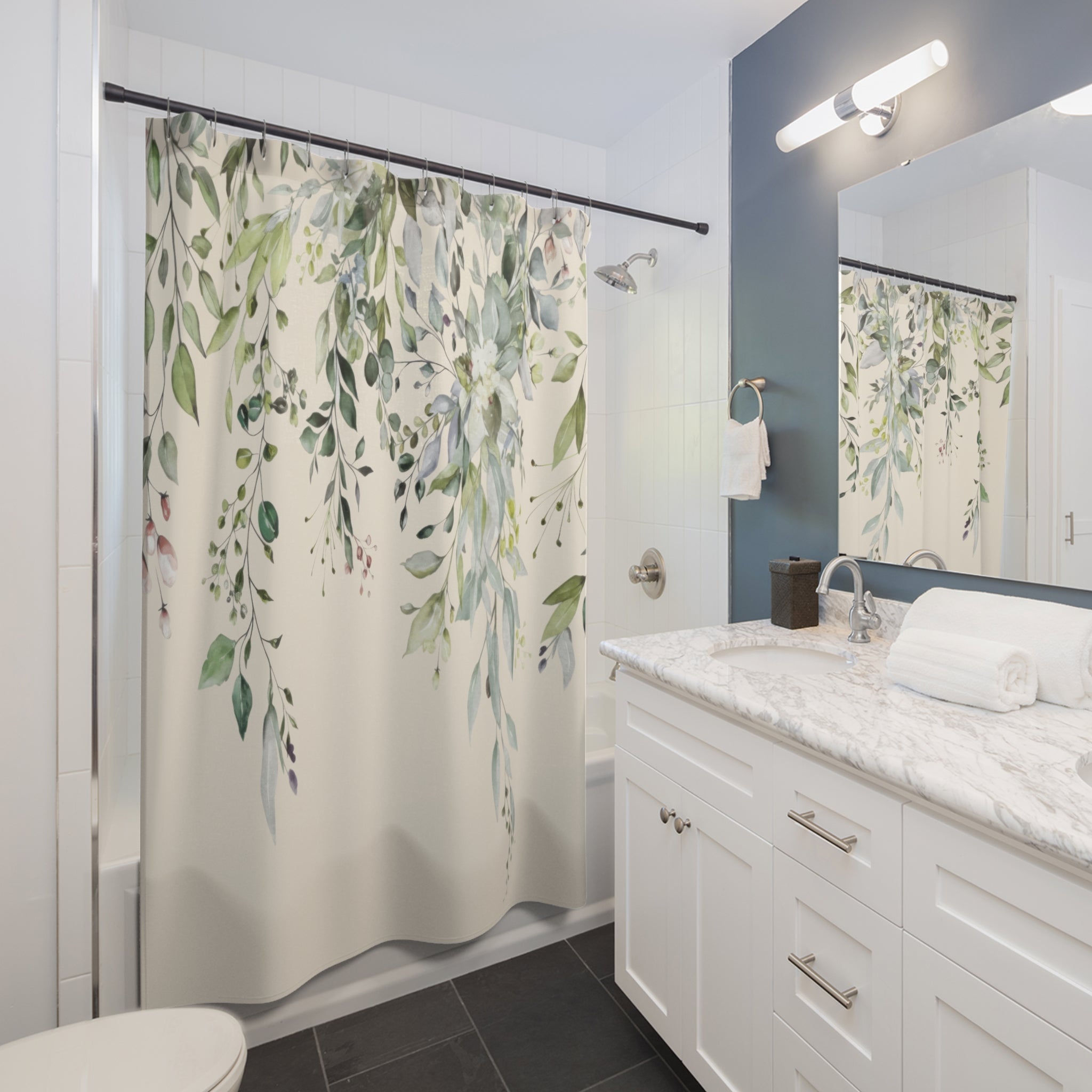 Watercolor Sage and Cream Eucalyptus Shower Curtains, Boho Bathroom Decor