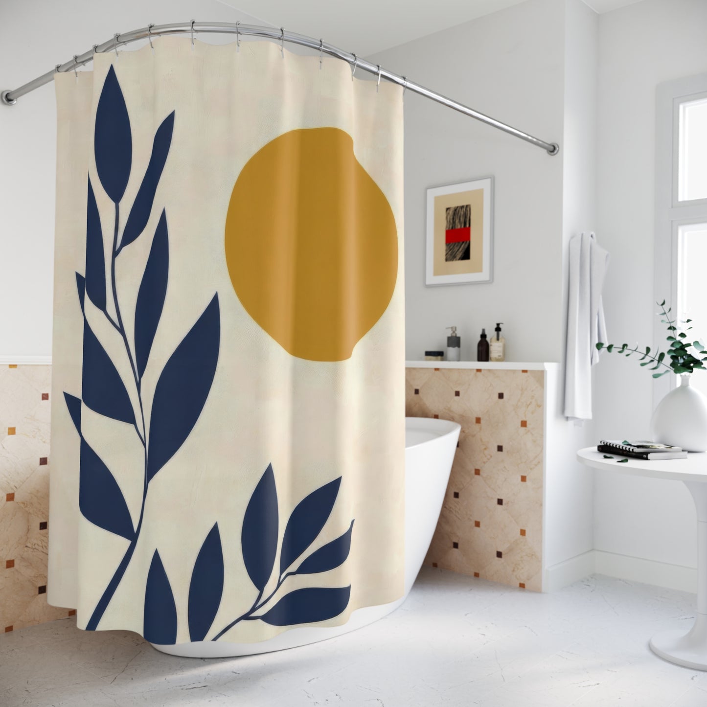 Modern Abstract Navy and Mustard Shower Curtains, Aesthetic Mid Century Scandi Bathroom