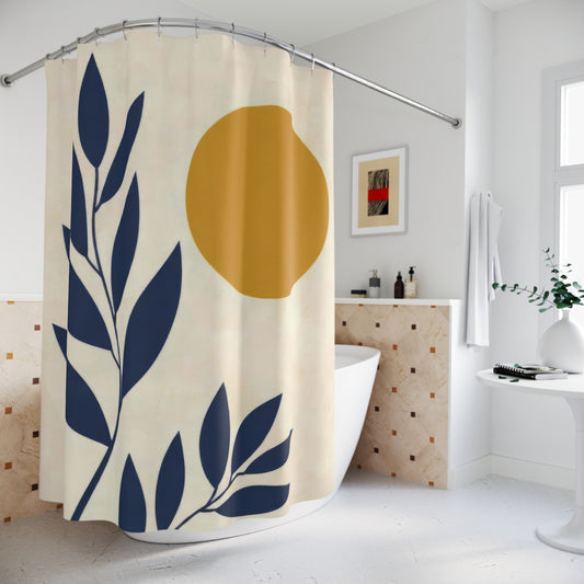 Modern Abstract Navy and Mustard Shower Curtains, Aesthetic Mid Century Scandi Bathroom