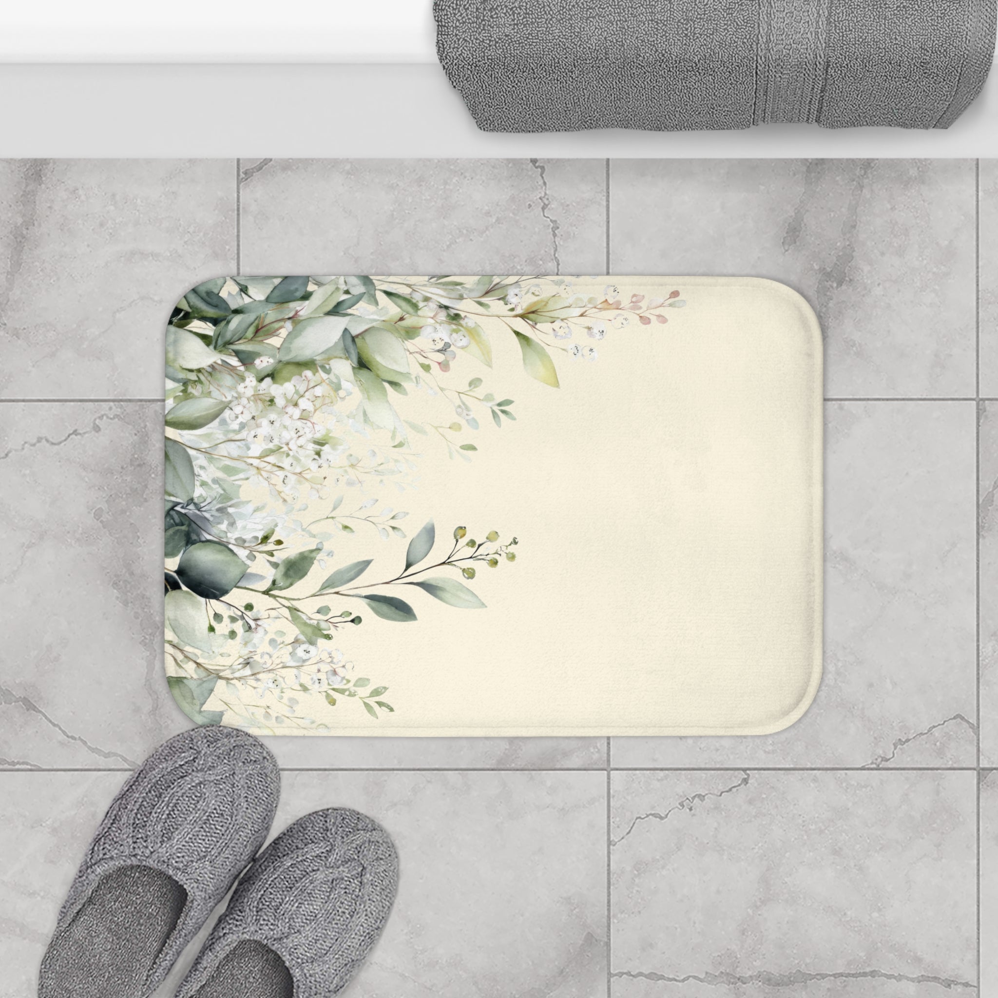 Soft Sage and Cream Eucalyptus Bath Mat, Modern Organic Spa Bathroom