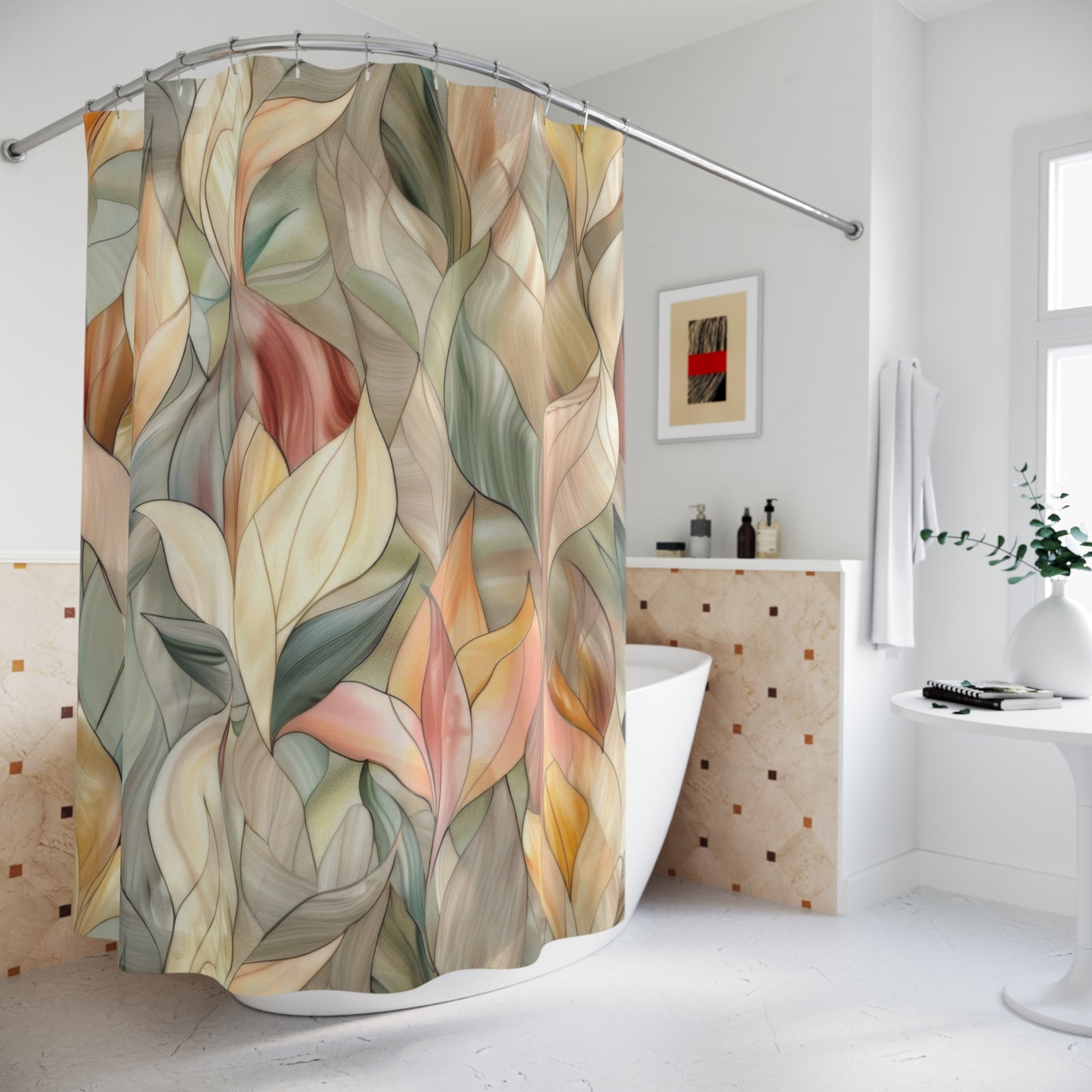 Stained Glass Leaves Design Shower Curtains, Minimalist Calming Botanical Bathroom