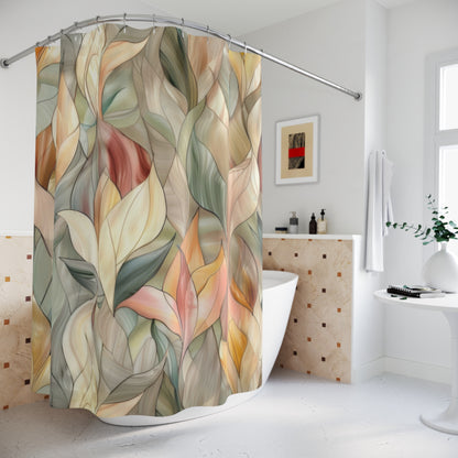 Stained Glass Leaves Design Shower Curtains, Minimalist Calming Botanical Bathroom