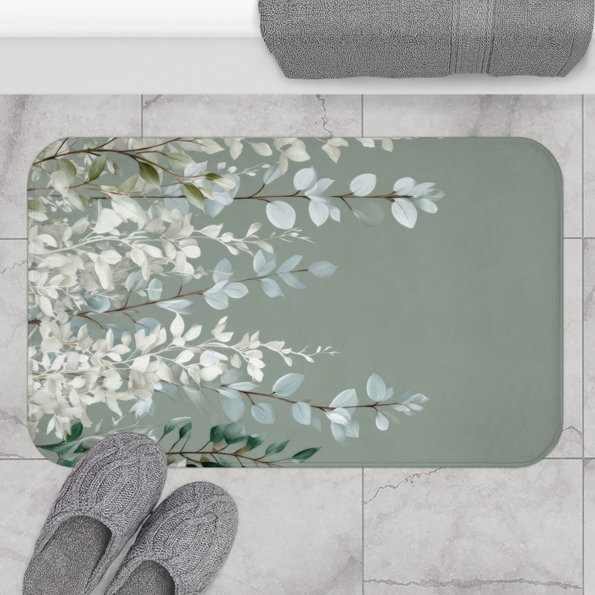 Frozen Sage Eucalyptus Bath Mat, Muted Gray Botanical Bathroom Decor