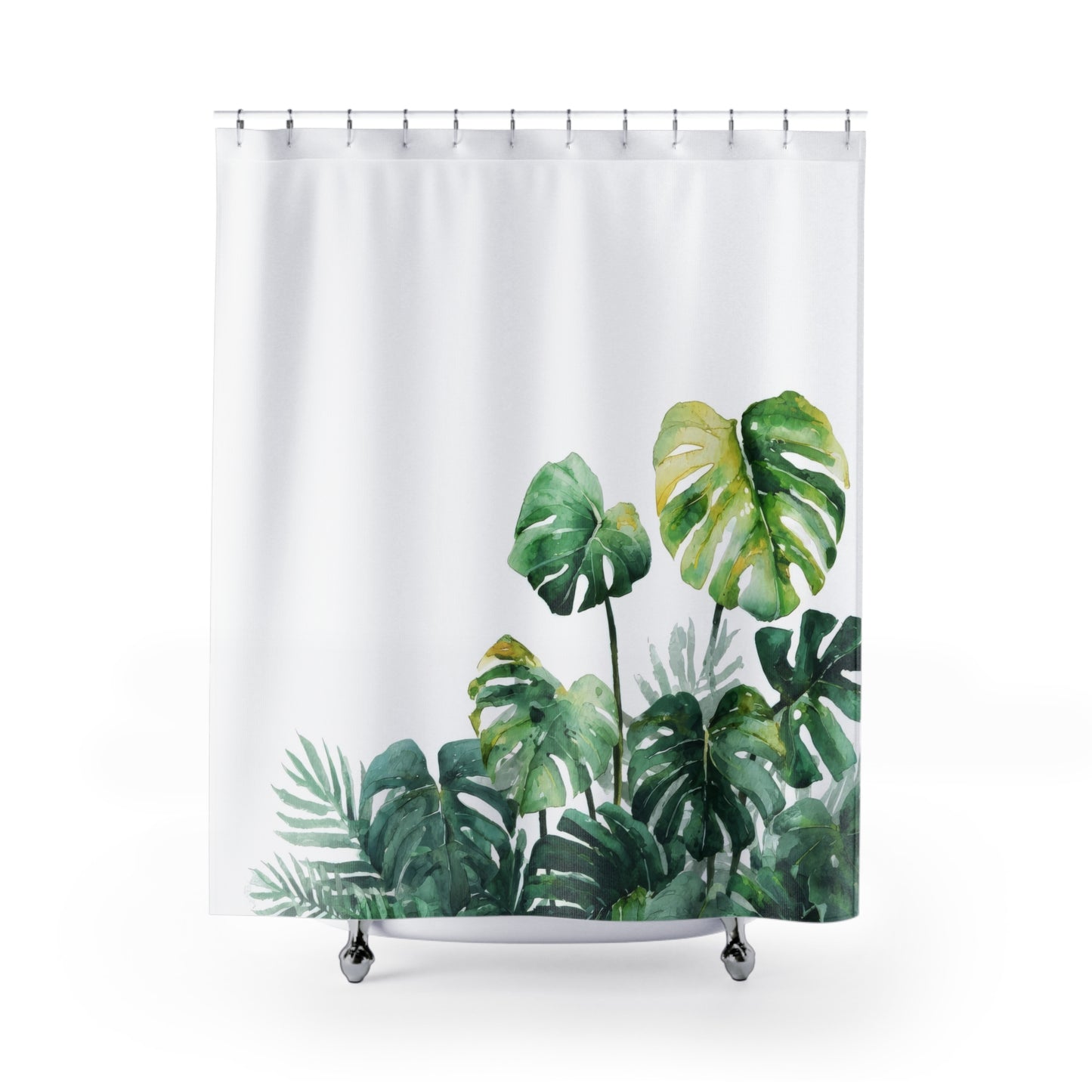 Watercolor Monstera Shower Curtains, Bright Tropical Botanical Bathroom Decor