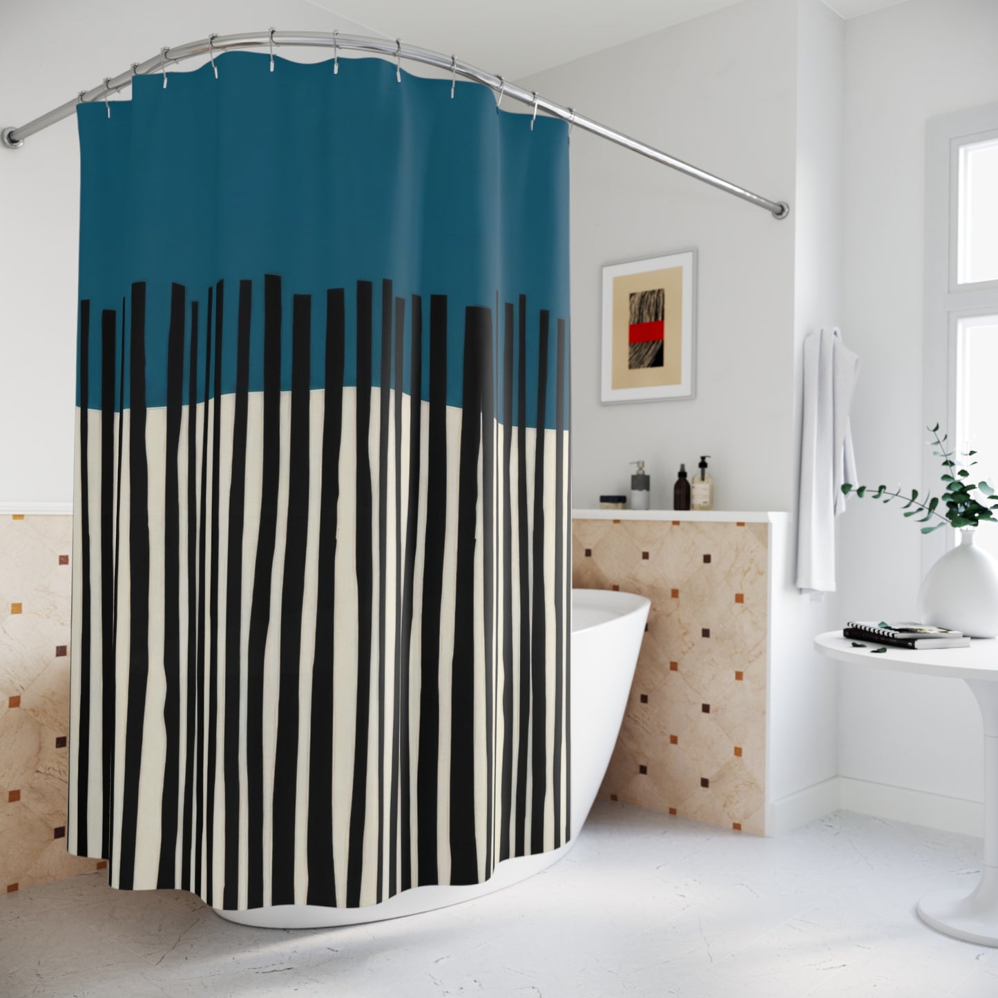 Abstract Teal Birch Shower Curtains, Modern Scandinavian Home Decor