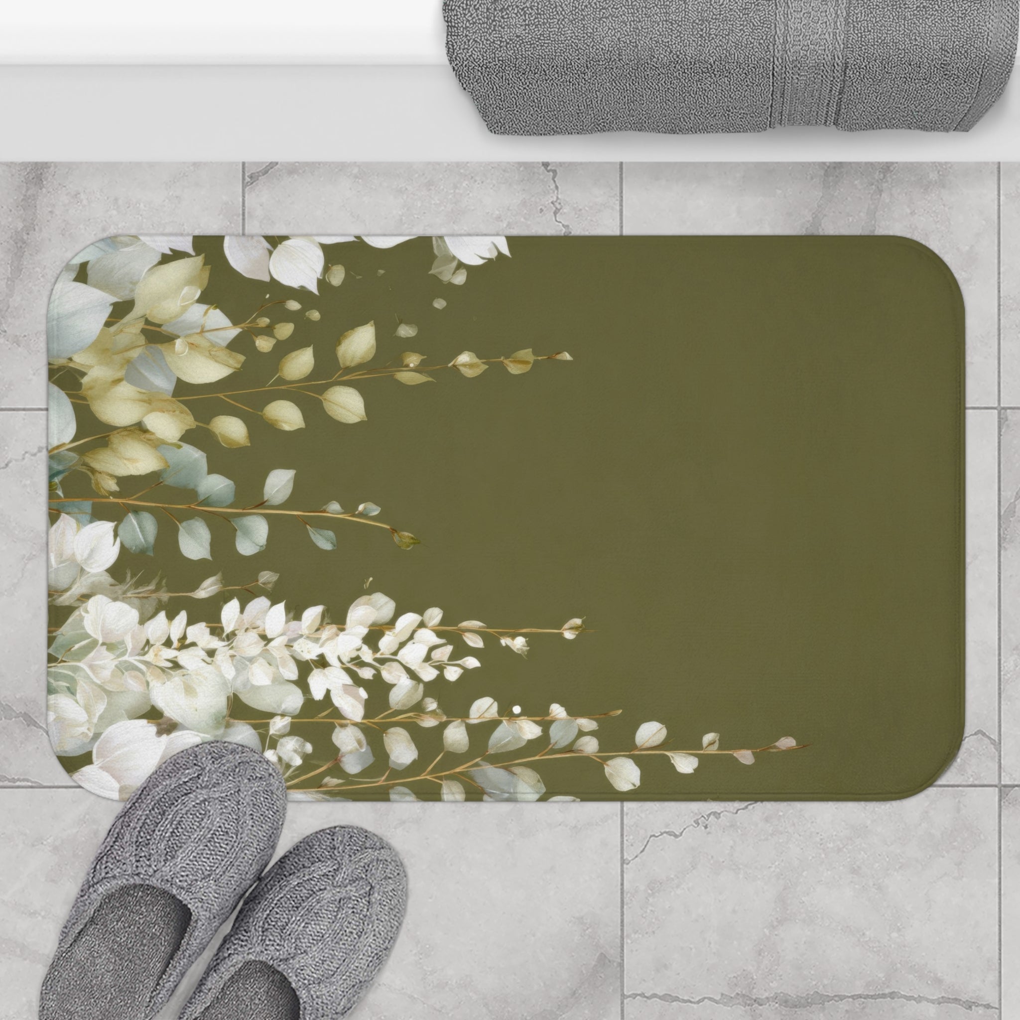 Olive Green Eucalyptus Bath Mat, Modern Earthy Minimalist Bathroom